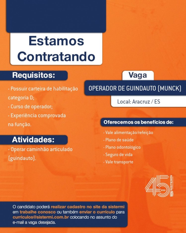 Sistermi contrata operador de guindauto em Aracruz