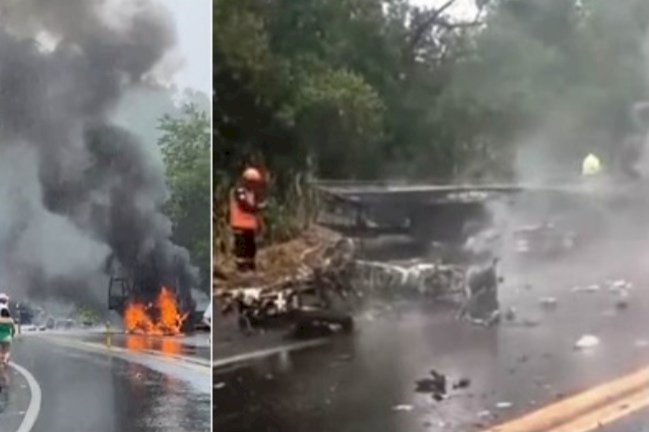 Acidente grave seguido de incêndio interdita a BR 101 em Guaraná